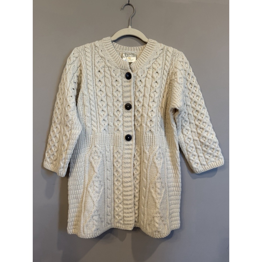 Kilronan Knitwear Pure Merino Wool Ireland Cable Knit Cardigan S Ivory Fisherman